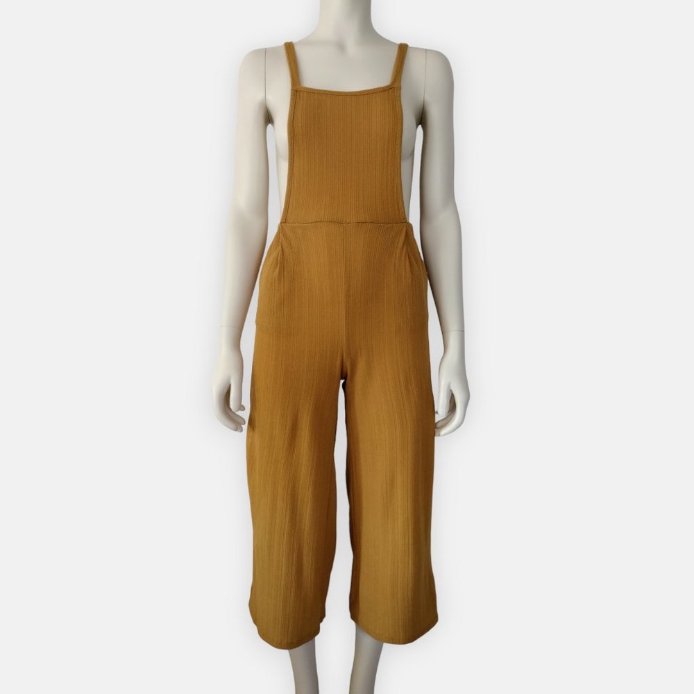Sienna Sky Mustard Ribbed Knit Cropped Jumpsuit Overalls With Pockets